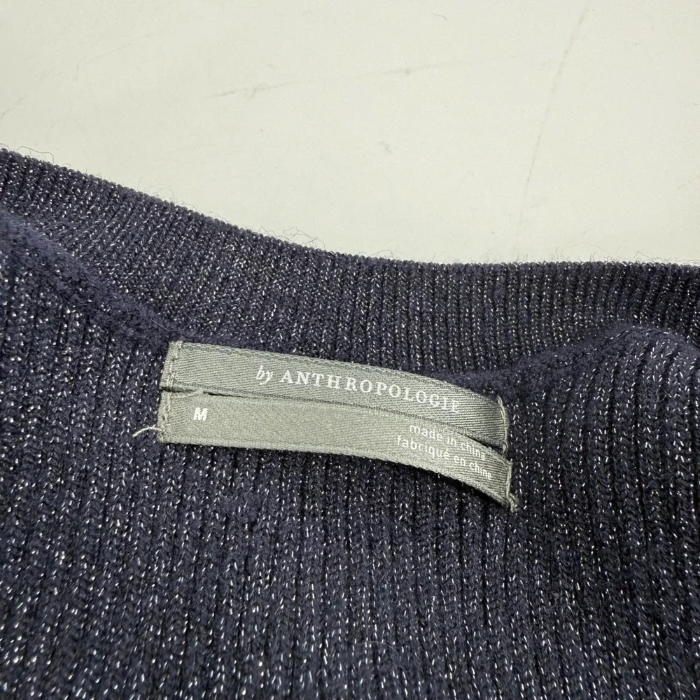 Anthropologie Navy Blue Metallic Ribbed Knit Scoop Neck Midi Dress Size Medium
